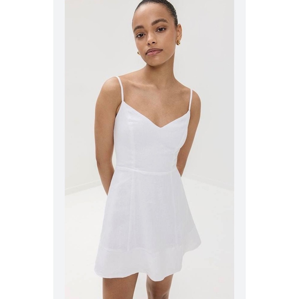 Reformation Holt White Linen Mini Dress V-Neck Smocked‎ Back Size 12
